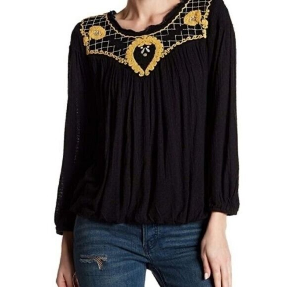 FREE PEOPLE‎ Begonia Embroidered Black Long Sleeve Top Size Medium